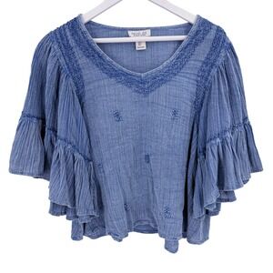 Rachel Zoe Blue Boho Embroidered Flutter Sleeve V Neck Gauzy Top‎ Women's Sz L